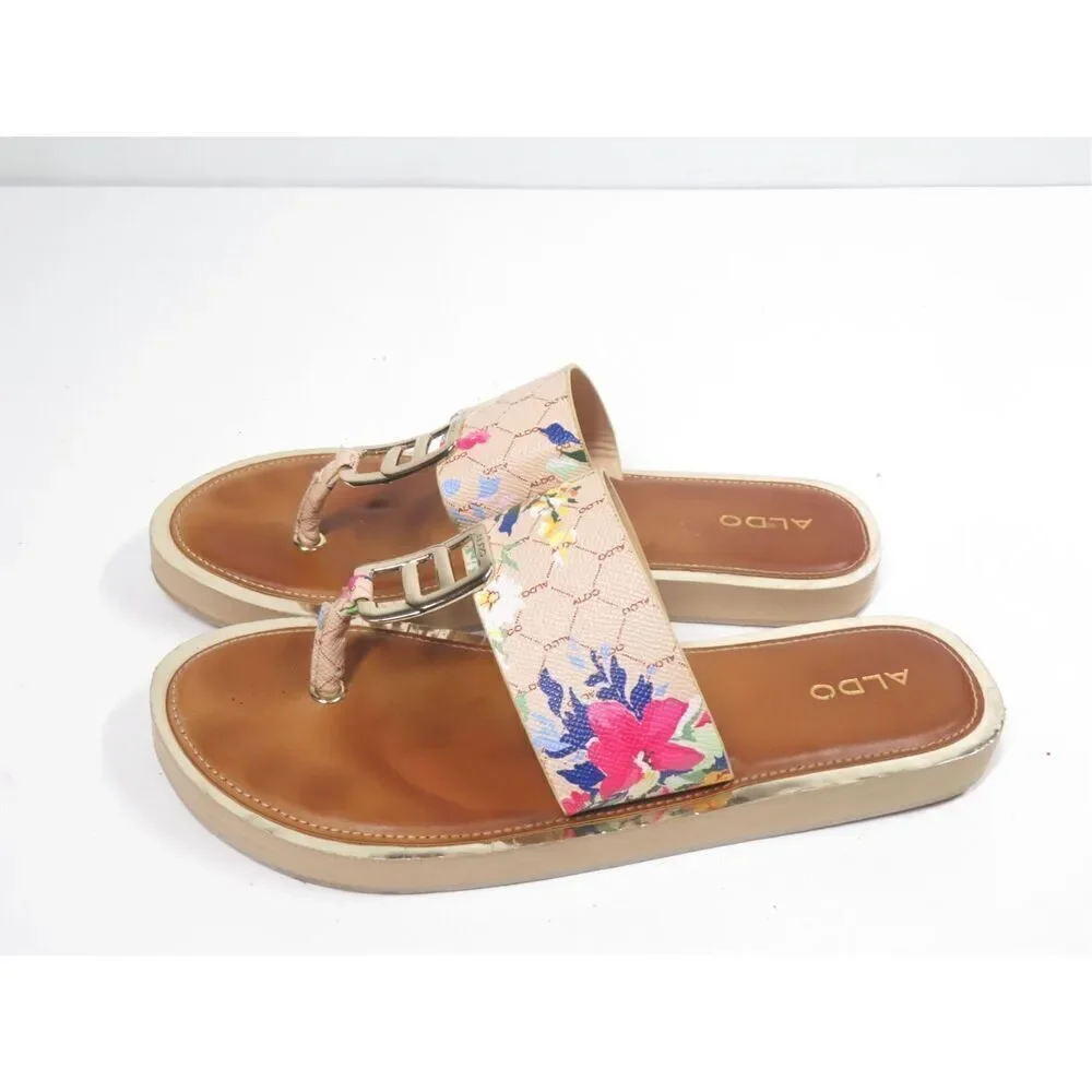 Aldo Daliah Floral Sandal Flip Flop Blush Brown Gold Size Women 10 Rare